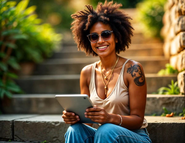 Woman with Tablet on Stone Steps