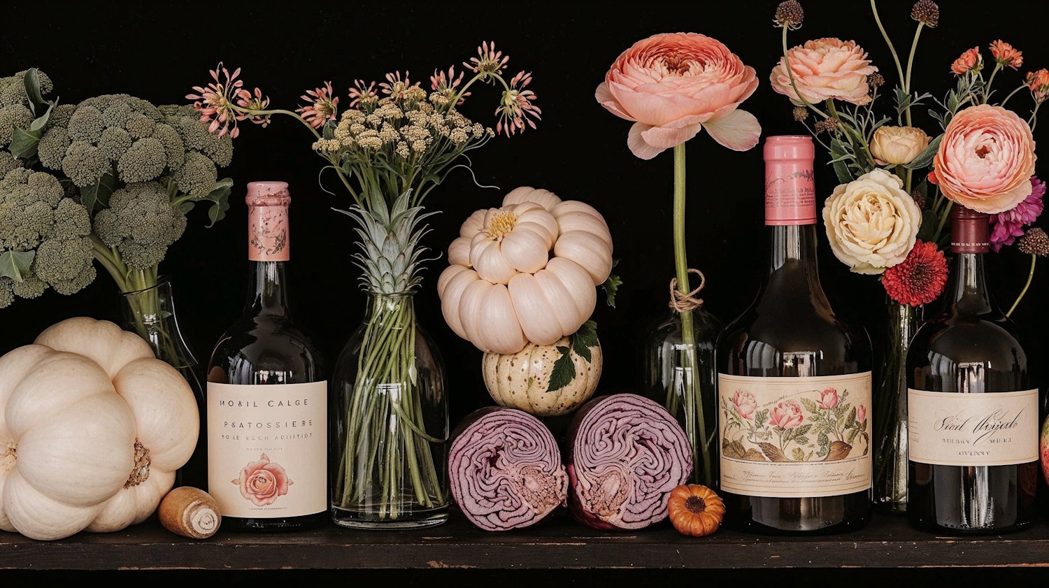 Artisanal Veggie and Floral Display with Wine