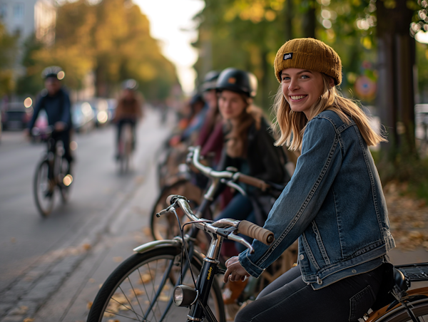 Sunset Cycling with Smiling Woman in Mustard Beanie