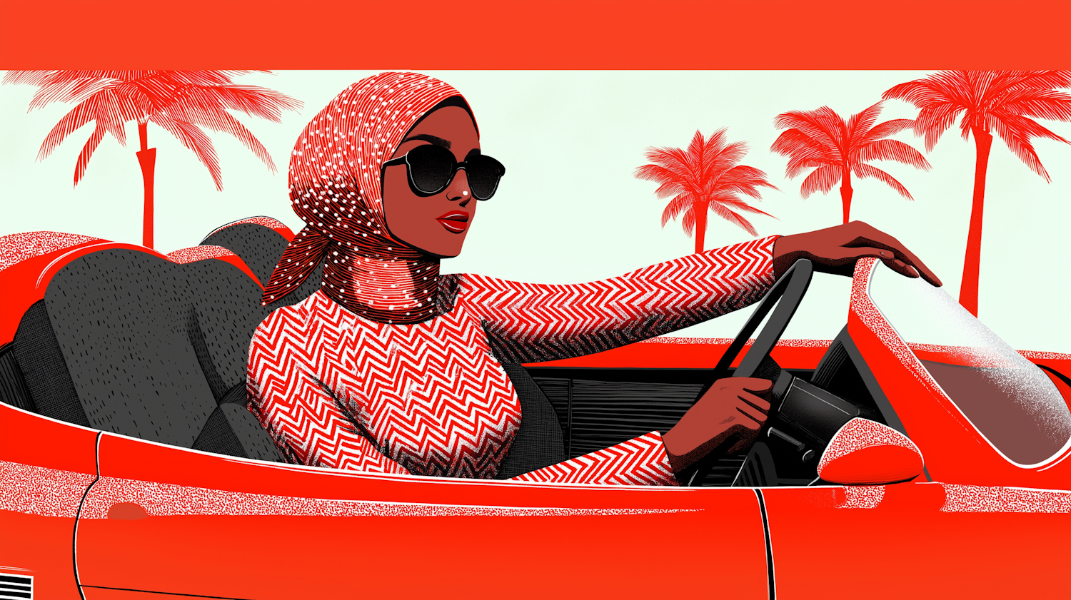 Stylized Illustration of a Woman Driving a Convertible