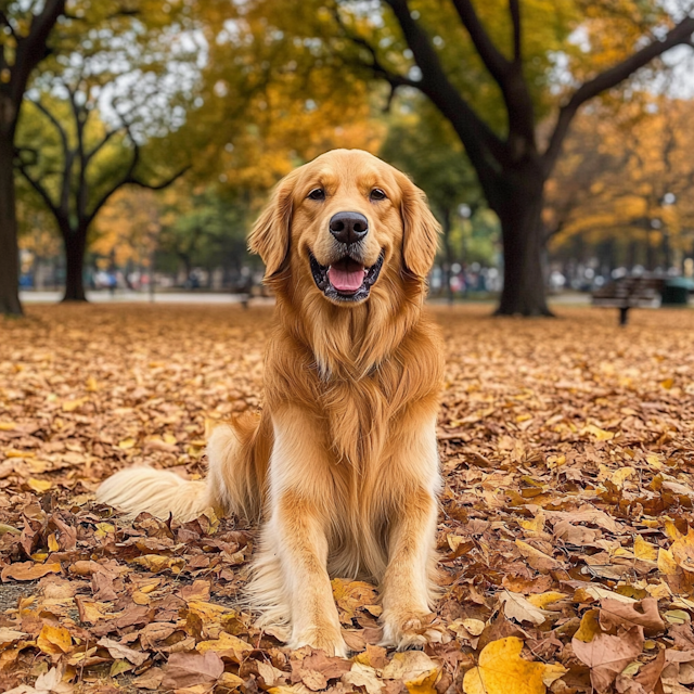 Golden Retriever in Autumn Leaves