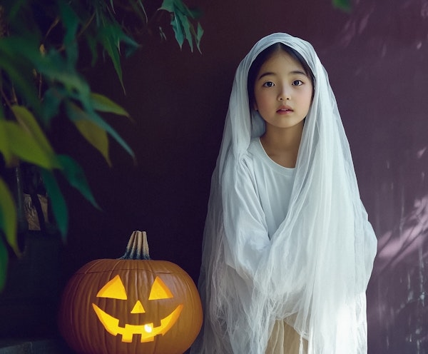 Child in Ghost Costume with Carved Pumpkin