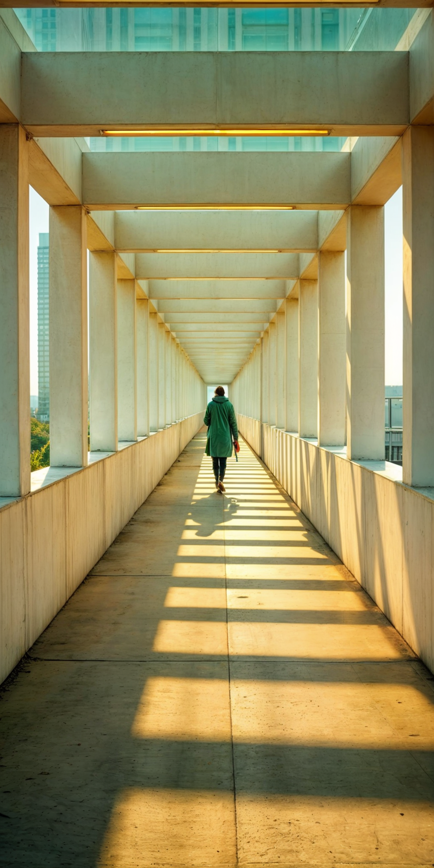 Person Walking in Sunlit Corridor