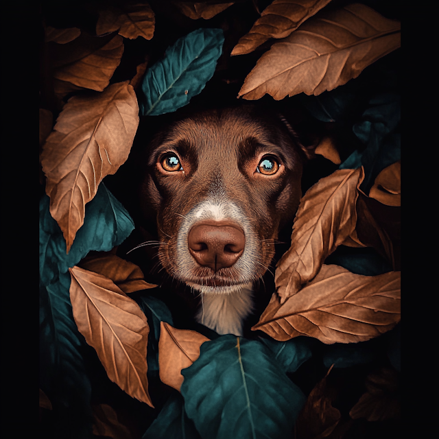 Dog Peeking Through Leaves