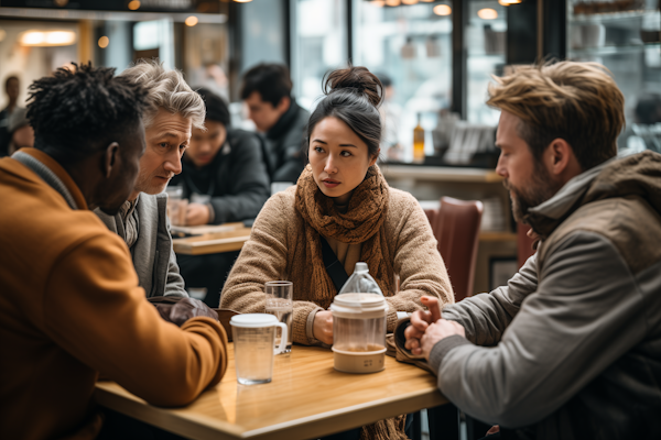 Diverse Group in Serious Discussion at a Café