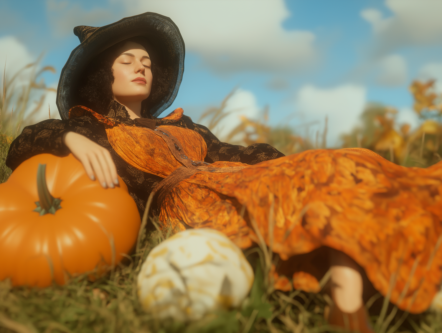 Woman in Witch Costume with Pumpkins