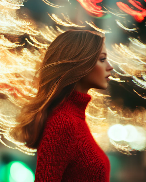 Woman in Red Sweater with Swirling Lights
