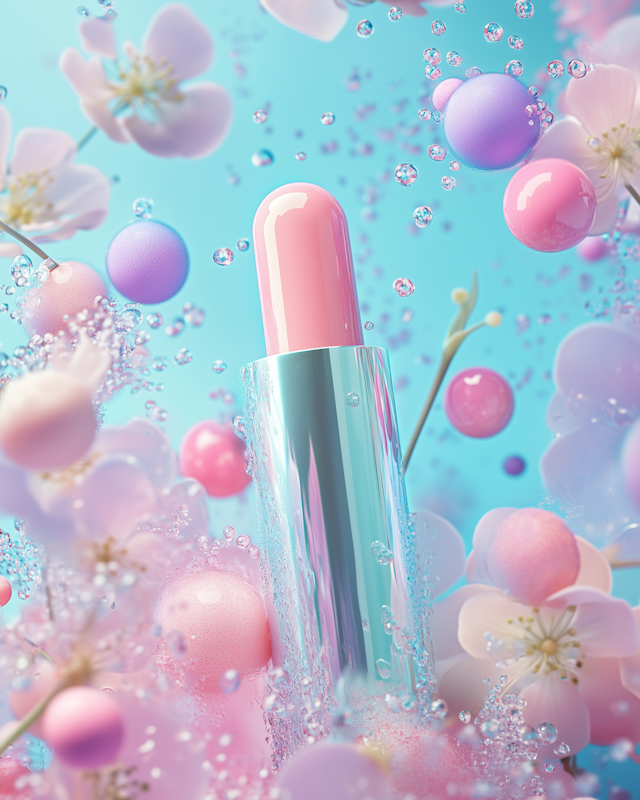 Pastel Pink Lipstick with Bubbles and Flowers