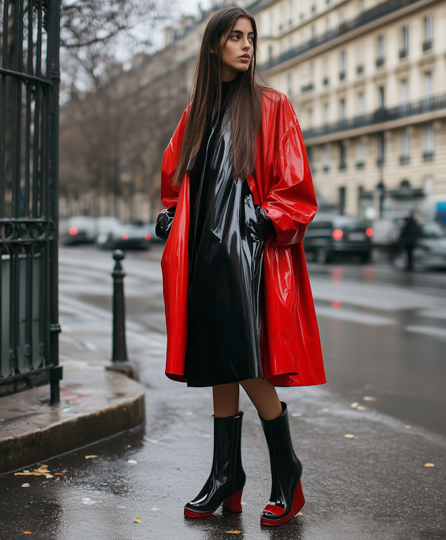 Woman in Striking Outfit on Wet Street