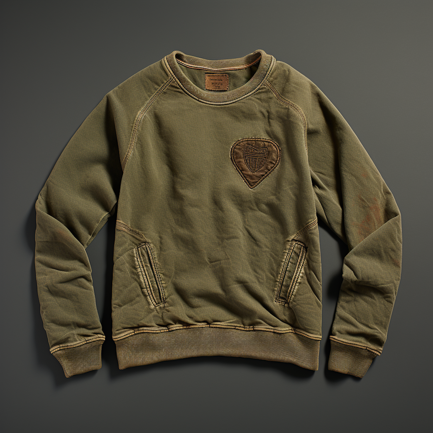 Vintage Olive Crewneck with Leather Shield Patch