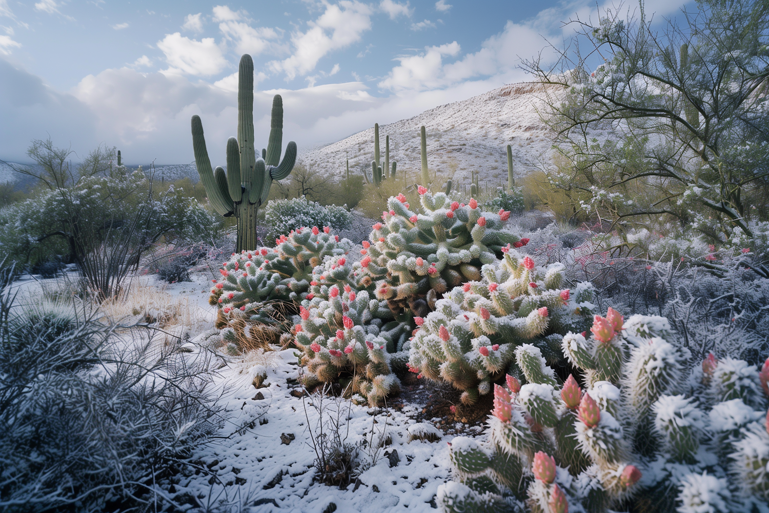 Snowy Desert Landscape with Cacti