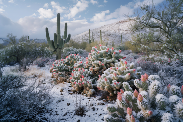 Snowy Desert Landscape with Cacti