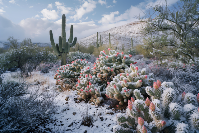 Snowy Desert Landscape with Cacti