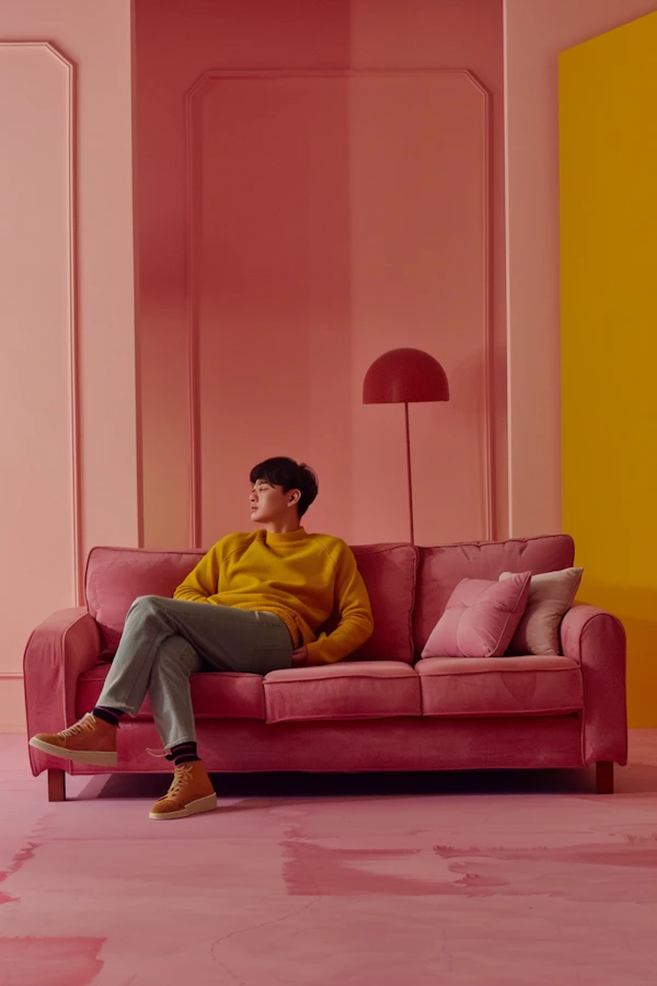 Thoughtful Young Man on a Pink Couch