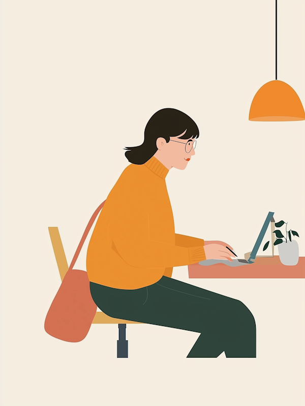 Minimalist Woman Working at Desk Illustration