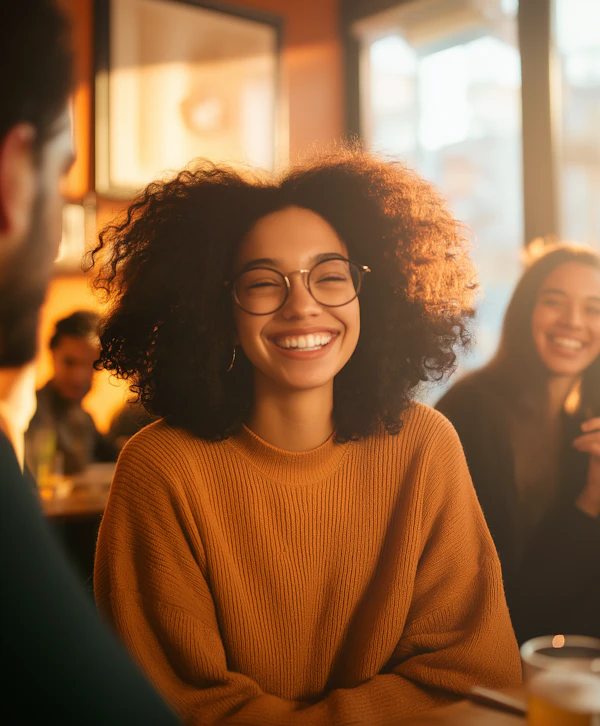 Cheerful Woman in Cozy Setting