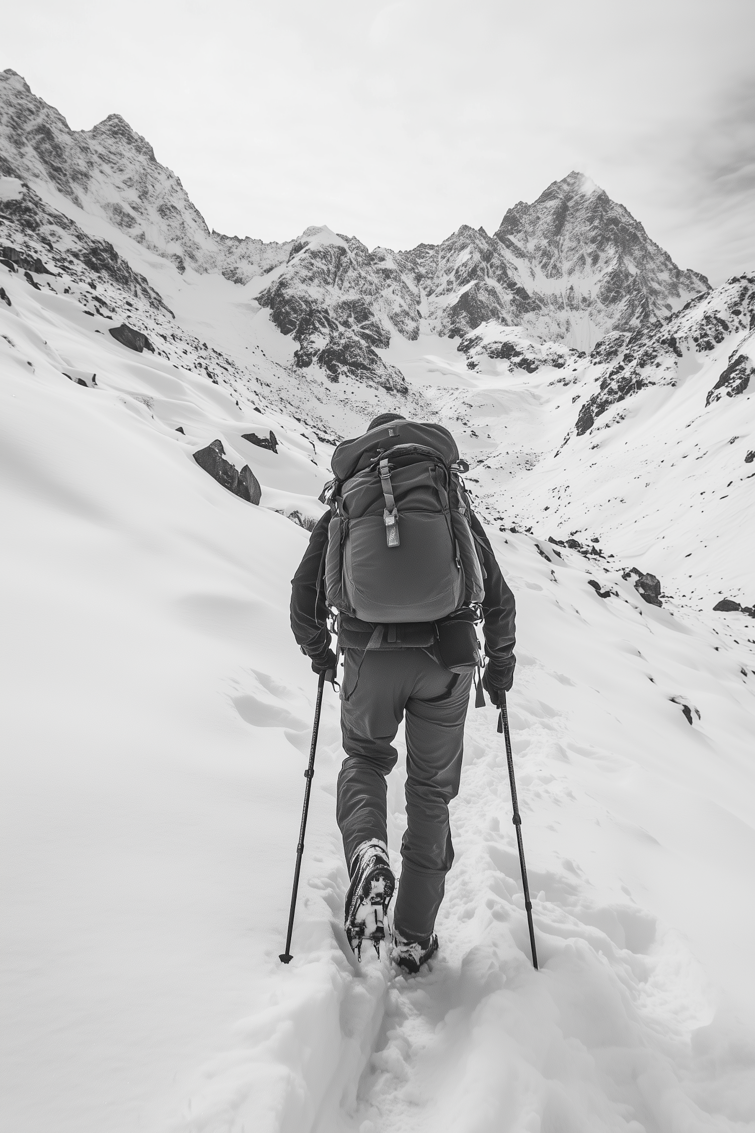 Lone Hiker in Snowy Mountains