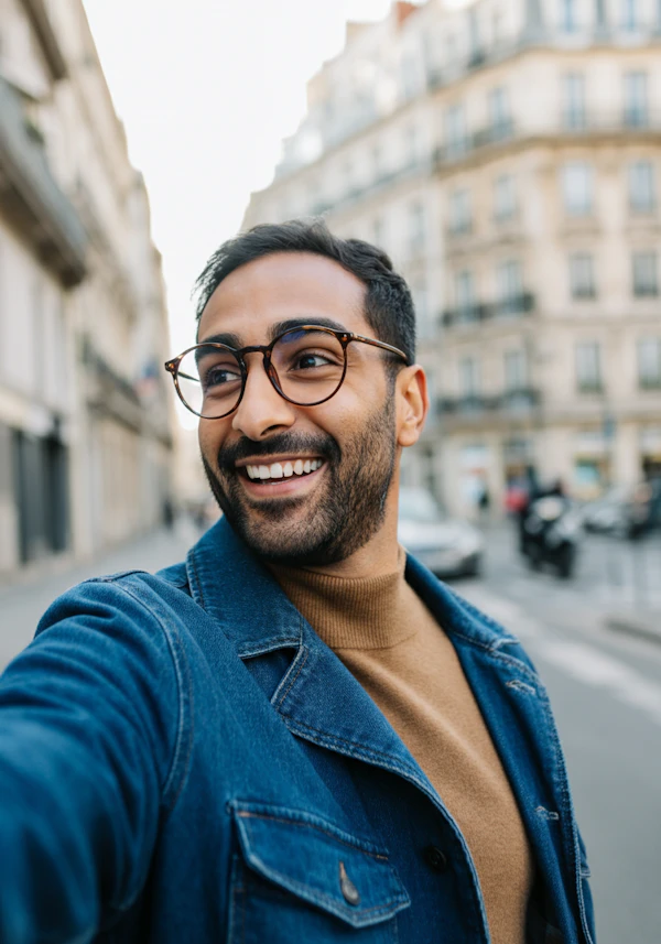 Smiling Man in Cityscape