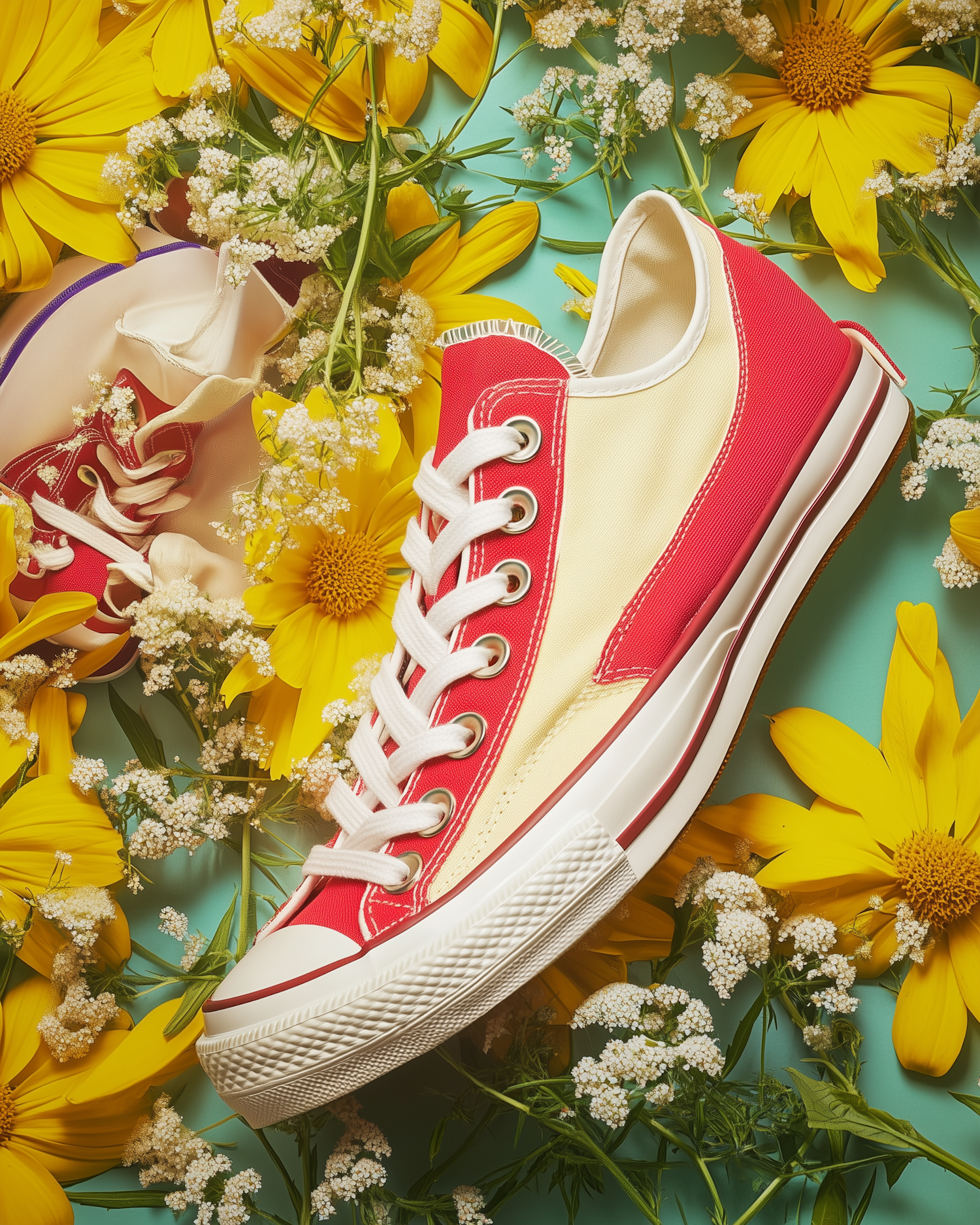 Vibrant Sneakers with Floral Backdrop