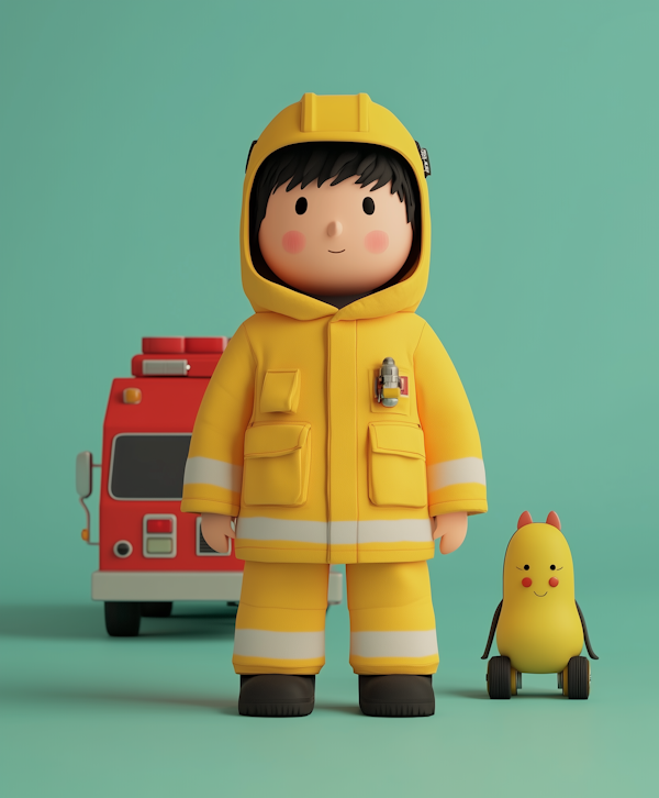 Stylized Firefighter Character with Whimsical Bird Companion