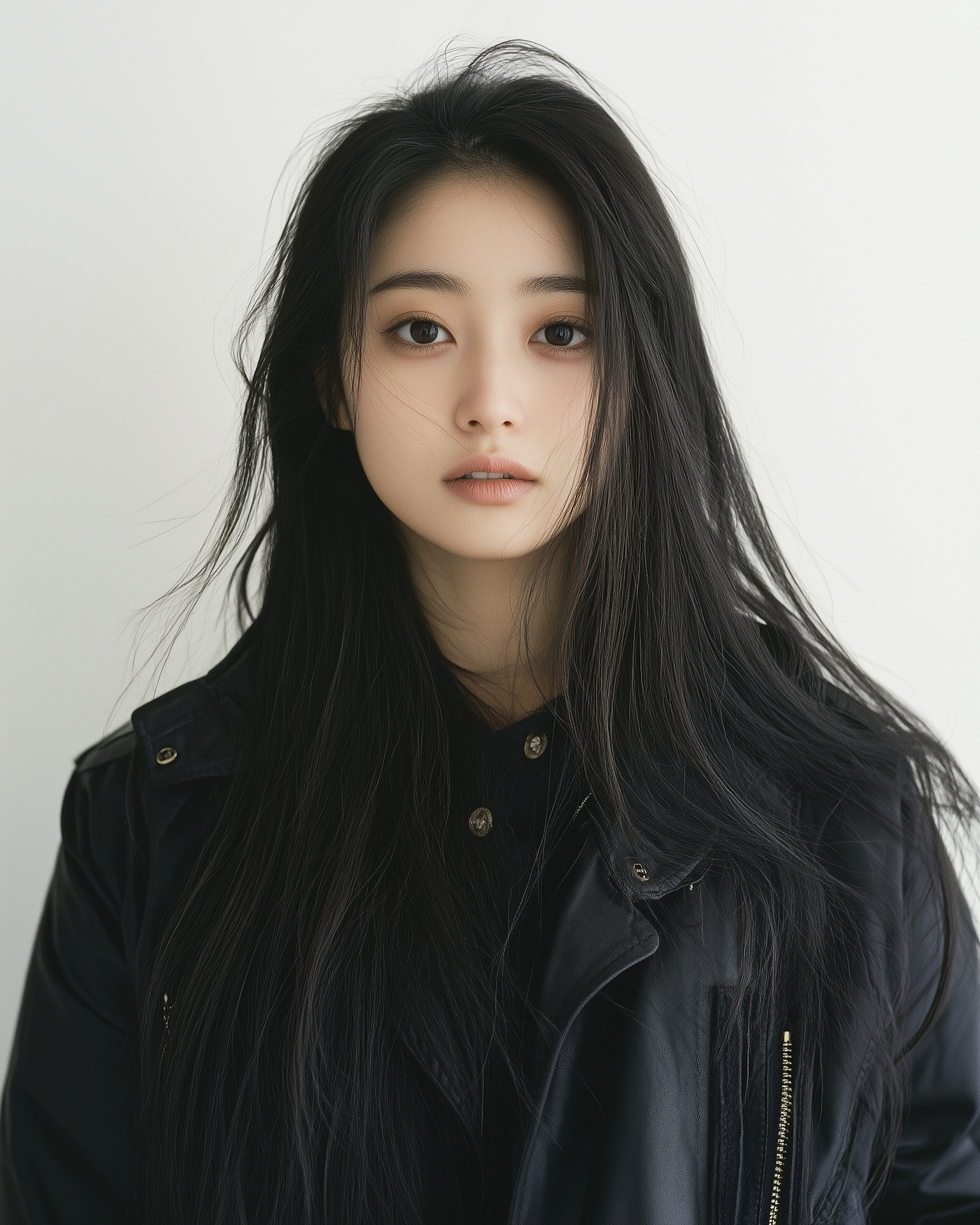 Portrait of a Young Woman in Black Leather Jacket