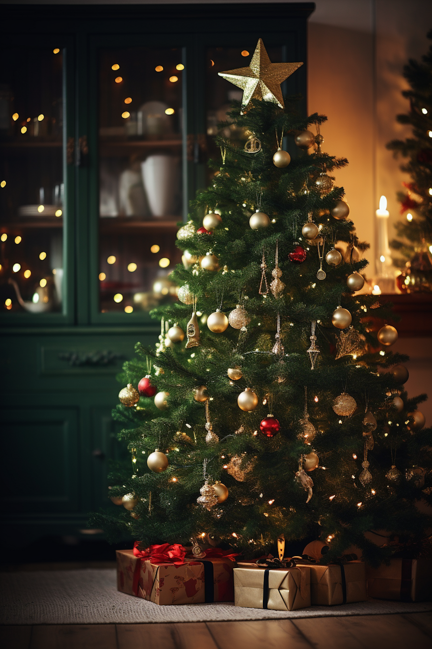 Classic Festive Christmas Tree with Golden Star and Wrapped Gifts