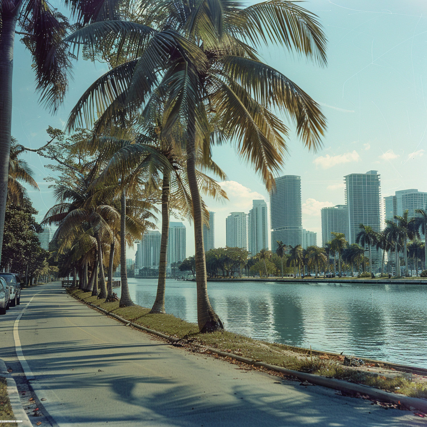 Lakeside Cityscape with Palm Trees