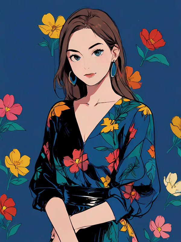 Illustrated Woman in Floral Dress
