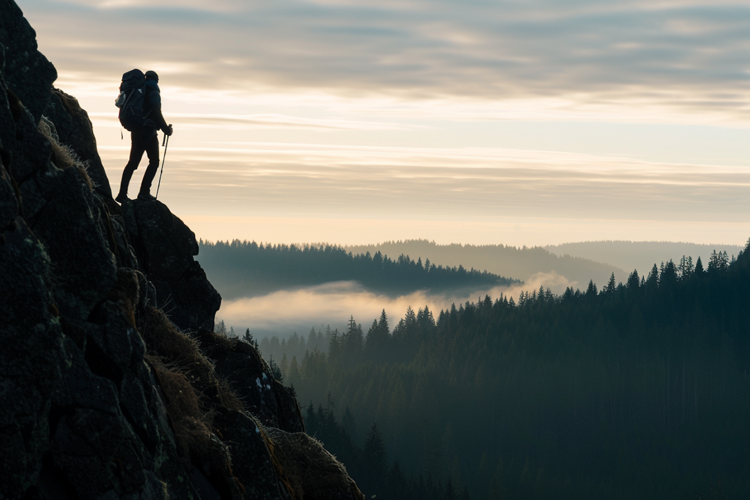 Lone Hiker on Misty Cliff