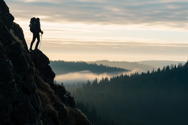 Lone Hiker on Misty Cliff