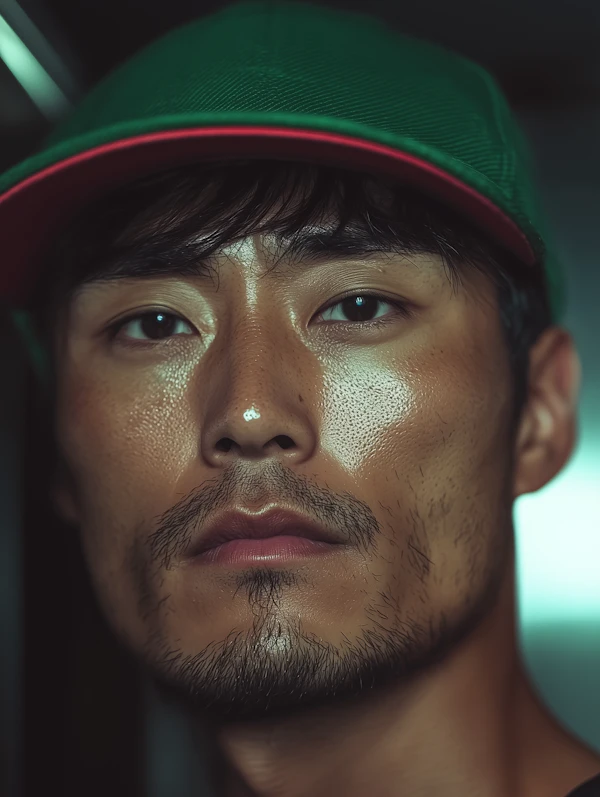 Close-up Portrait of Man with Green Cap