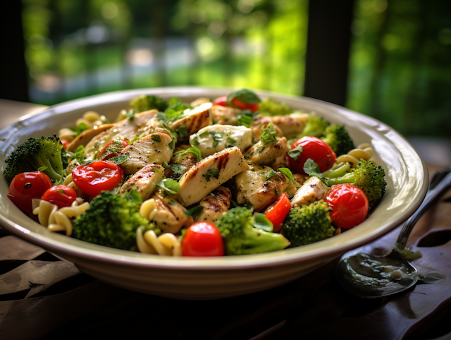 Grilled Chicken and Rotini Pasta with Broccoli, Cherry Tomatoes, and Cream Sauce