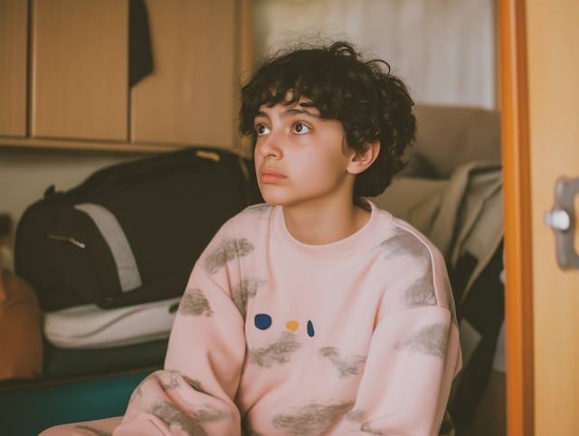 Contemplative Young Person in Pink Sweatshirt