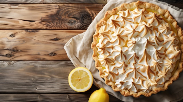 Fresh Lemon Meringue Pie on Wooden Surface