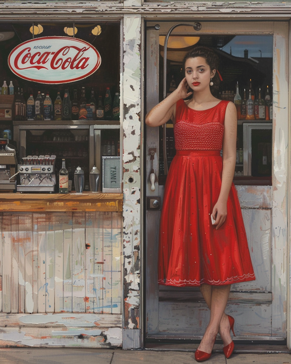 Vintage Storefront with Elegant Woman in Red