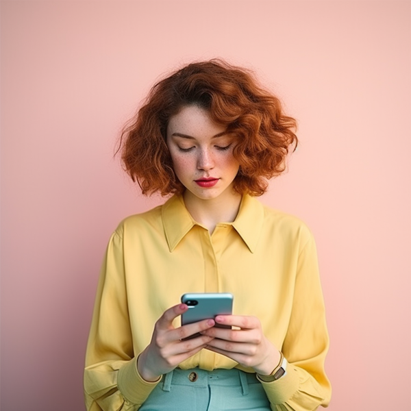 Serene Redhead in Pastels Engaged with Smartphone