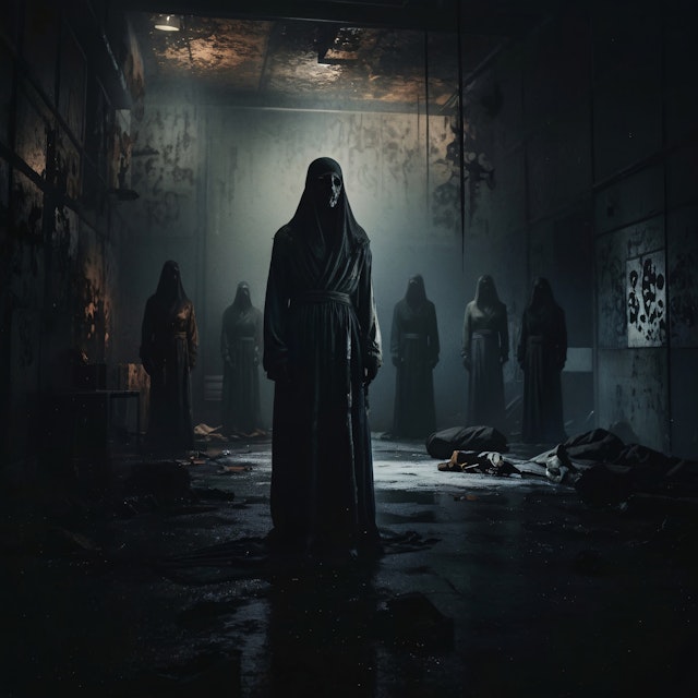 Hooded Figures in a Decrepit Room