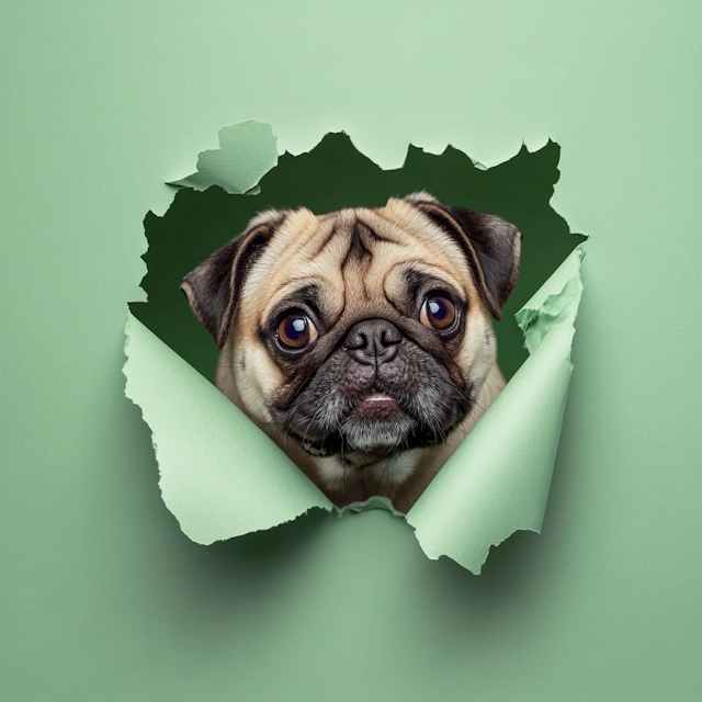 Pug Peeking Through Green Paper