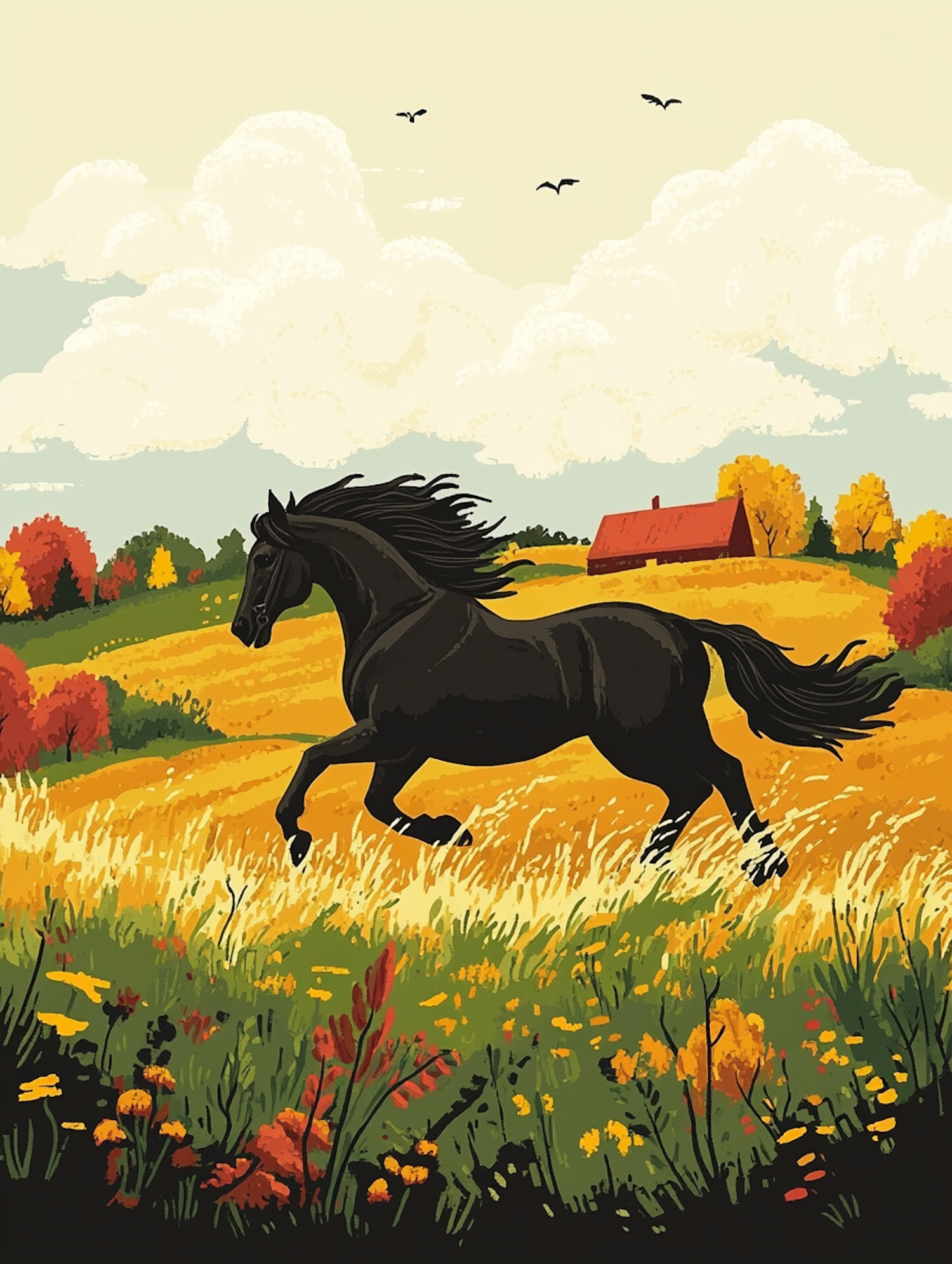 Galloping Black Horse in Vibrant Field