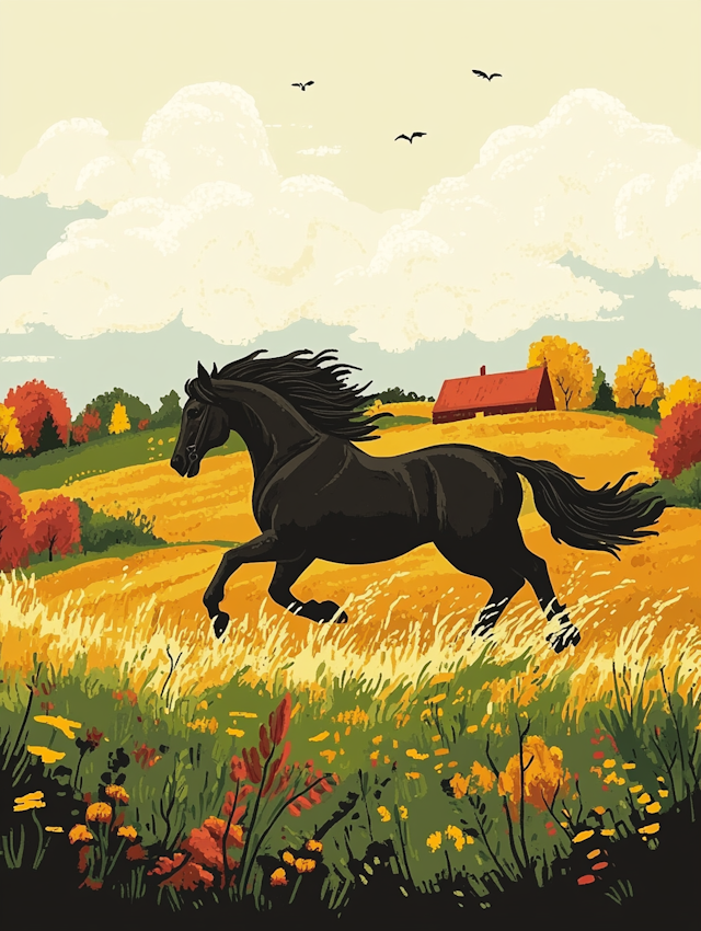 Galloping Black Horse in Vibrant Field