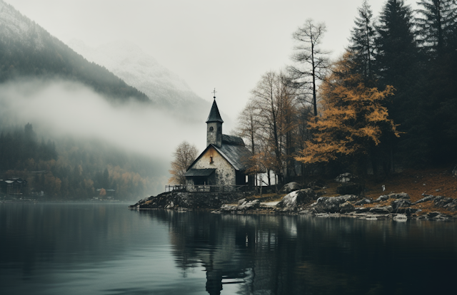 Misty Autumnal Lakeside Church