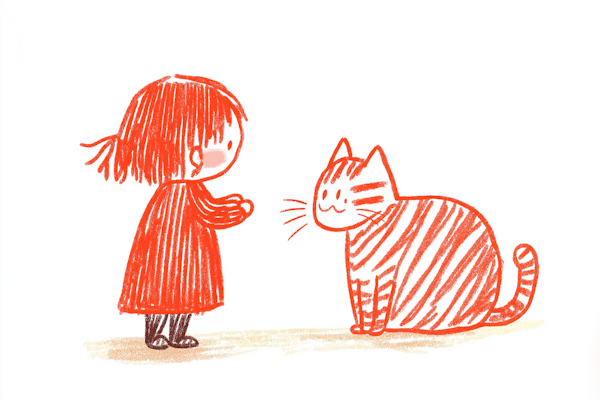 Red Crayon Sketch of Girl and Cat