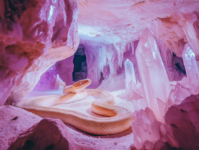 Surreal Crystal Cave with Coiled Snake