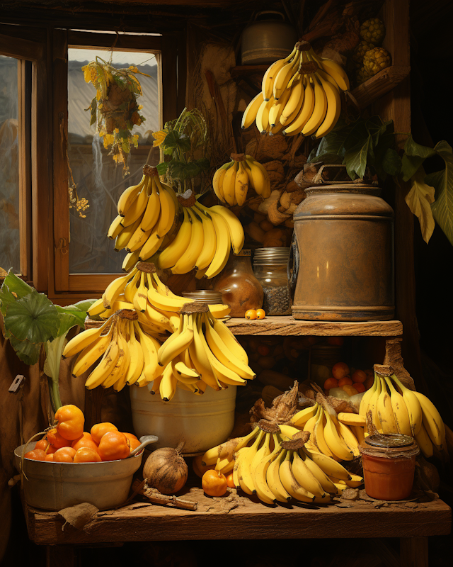 Rustic Abundance: Bananas and Produce Still Life