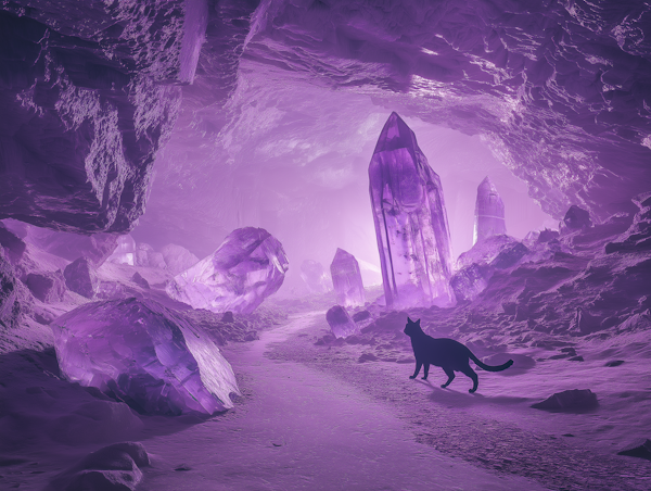 Mystical Purple Landscape with Black Cat