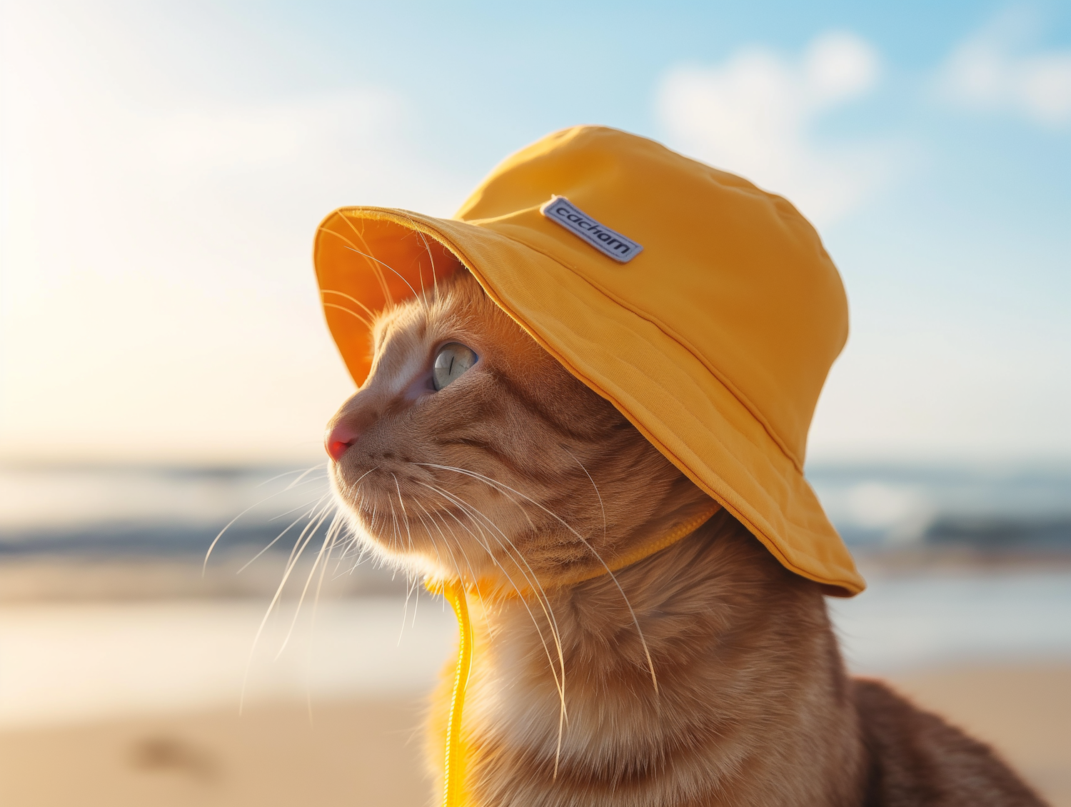 Cat in Yellow Bucket Hat at the Beach