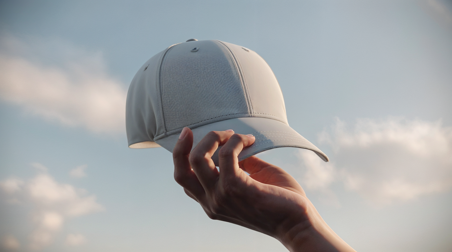 Hand Holding Baseball Cap Against Sky