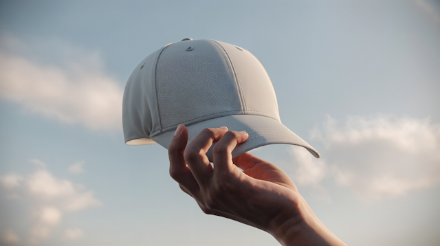 Hand Holding Baseball Cap Against Sky