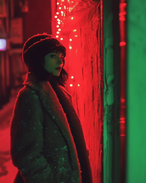 Contemplative Woman in Red Light