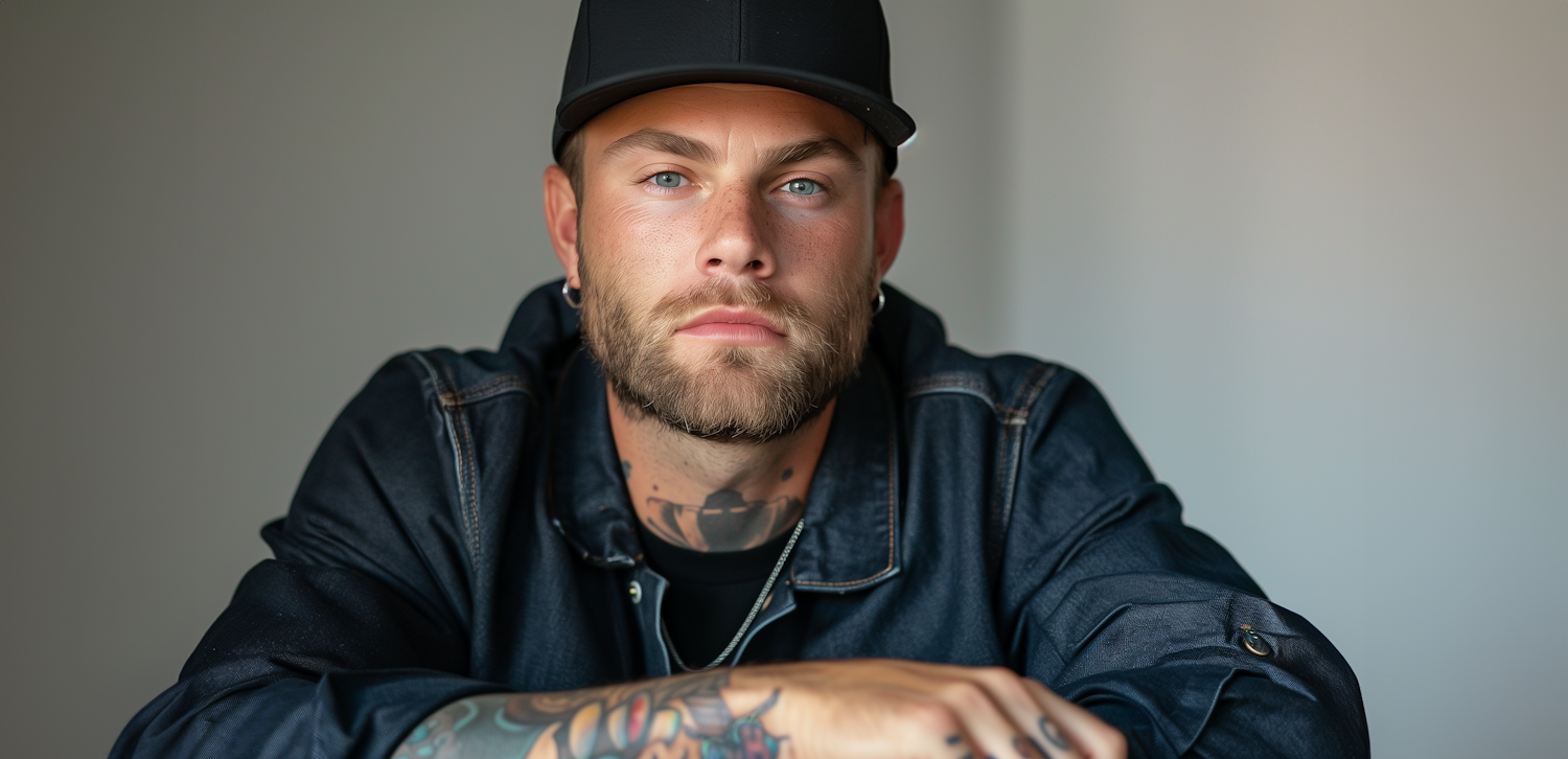 Portrait of a Tattooed Man with Blue Eyes